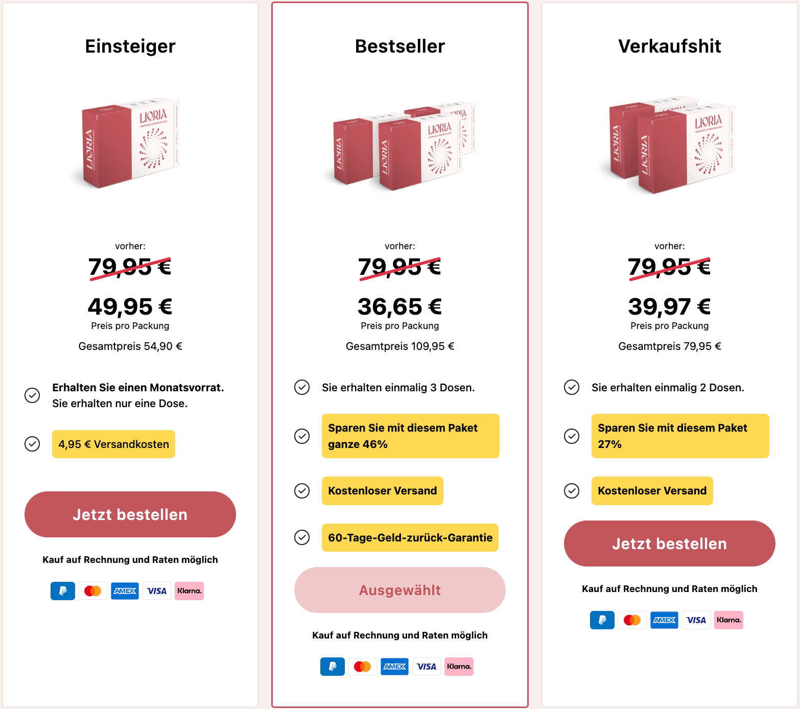 Lioria Preisübersicht – Einsteiger, Bestseller und Verkaufshit Paket für DE AT CH